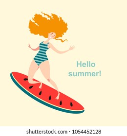 Happy red-haired girl in a swimsuit surfing. Vector illustration 