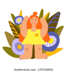 The happy red-haired girl in the yellow dress rejoices in the summer. Bright summer vector illustration. Stylized leaves and flowers in orange, green, purple, lilac.