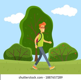 Happy red-haired guy in glasses, with backpack, walking along summer landscape. Green cartoon trees, flowering bushes. Walk in summer. Tourist traveling. Man with watch on hand and backpack behind