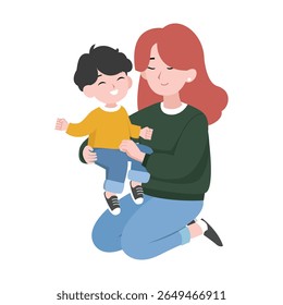 Happy Red-Haired Mother Lifting Her Smiling Son – Cute Family Illustration