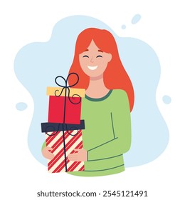 Happy red-haired woman with gifts. Christmas design. Vector simple flat illustration