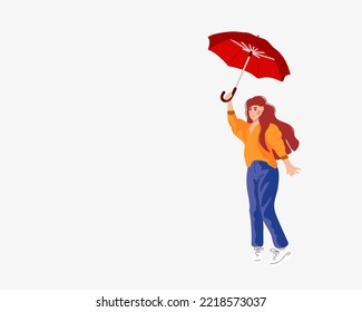 
A happy red-haired woman is spinning or dancing under an umbrella. copy space. Flat vector illustration.