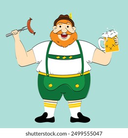 Hombre barbudo pelirrojo feliz en ropa tradicional bávara que sostiene la taza de cerveza espumosa y la salchicha a la parrilla contra el fondo azul claro. Oktoberfest, festival, vacaciones, concepto de cervecería. Ilustración vectorial