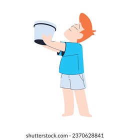 Happy Redhead Boy Stand with Bucket Having Fun Vector Illustration