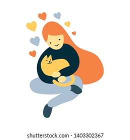 Happy redhead girl with her pet cat vector illustration - High quality flat and bold style drawing of cat lover surrounded by heart shapes representing love for animals