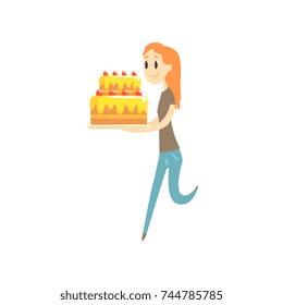 Happy redhead girl holding big festive cake cartoon vector Illustration