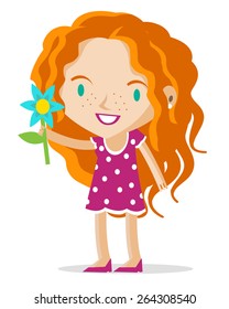 a happy redhead girl holding a flower