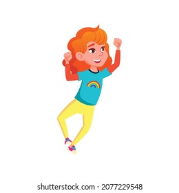 happy redhead girl kid celebrate victory in board game cartoon vector. happy redhead girl kid celebrate victory in board game character. isolated flat cartoon illustration