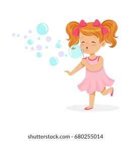 Happy redhead girl in pink dress blowing bubbles vector Illustration