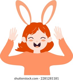 Happy and redhead girl with rabbit ears and rabbit teeth looking at camera, concept of Easter holiday. Vector of cute girl isolated on white background