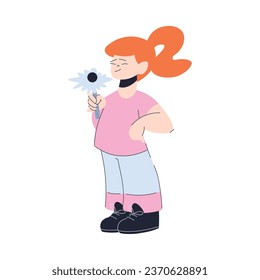 Happy Redhead Girl Standing Holding Flower on Stem Having Fun Vector Illustration