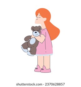 Happy Redhead Girl Standing with Teddy Bear Toy Having Fun Vector Illustration