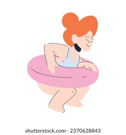 Happy Redhead Girl in Swimwear at Beach or Sea Shore Having Fun Vector Illustration