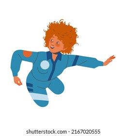 Happy Redhead Woman Astronaut Character in Space Flying in the Air Vector Illustration