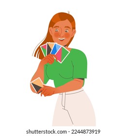 Happy Redhead Woman with Cards Playing Board Game Having Fun on Weekend Vector Illustration