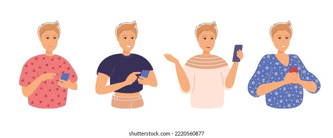 El feliz conjunto de pelirroja usa smartphone. 4 emotes, poses y trajes diferentes. Chatear y enviar mensajes de texto a teléfonos inteligentes, usando teléfonos móviles, internet, redes sociales. Ilustración vectorial plana aislada