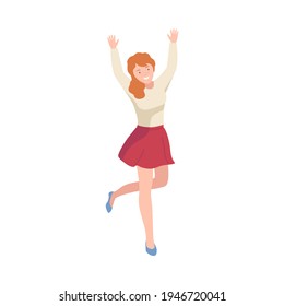 Happy Redhead Woman Standing Raising Up Hands Cheering About Something Vector Illustration