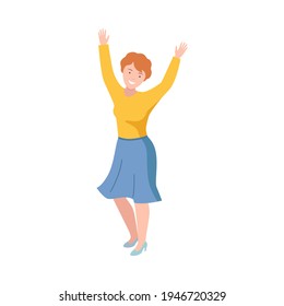 Happy Redhead Woman Standing Raising Up Hands Cheering About Something Vector Illustration