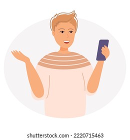 Happy redhead woman uses smartphone. Greeting and talking to smb during online video call. Smiling person with smartphone saying hi. Flat graphic vector illustration isolated on white background