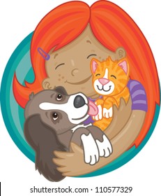 Happy redheaded caucasian girl holding cute puppy and kitten