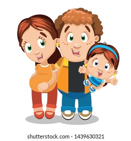 Happy redheaded curly man embracing his pretty pregnant wife and holding little daughter in arms. Happy couple with toddler expecting baby. Vector cartoon illustration isolated on white background.