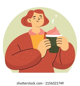 Happy redheaded girl in red cardigan holding a cup of coffee with both hands. Flat hand drawn vector illustration