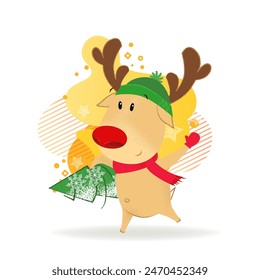 Happy reindeer carrying fir-tree. Christmas design element. For greeting cards, leaflets, brochures, invitations, posters or banners.