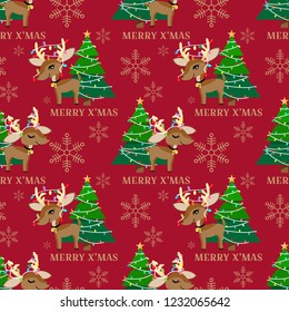 Happy reindeer and Christmas tree with light bulbs wrapped around them, snowflakes and Merry X'mas text seamless pattern on red background. Cute Christmas holidays cartoon character. 