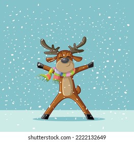 
Happy Reindeer Dancing in the Snow Vector Cartoon illustration. Cheerful animal celebrating on Xmas winter holidays
