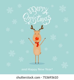Happy reindeer and falling snowflakes with text Merry Christmas and Happy New Year on blue background, illustration.
