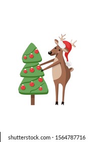 Happy reindeer in hat of Santa Claus holds a Christmas tree. Smiling cute deer decorates fir with festive red balls. Vector illustration on white background.