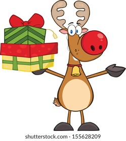 Happy Reindeer Holding Up A Stack Of Gifts
