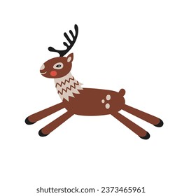 Happy reindeer jumping. Funny Christmas Deer character vector illustration, Xmas holiday design element, badge, sticker