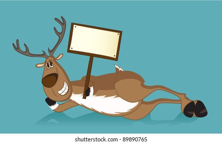 Happy reindeer lying on a side, holding a wooden sign