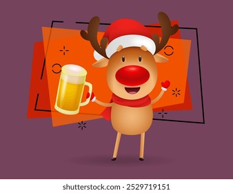 Happy reindeer with red nose holding beer mug vector cartoon. Celebration, cheering, toast. Christmas concept. Vector illustration can be used for topics like holiday, drinks, celebration