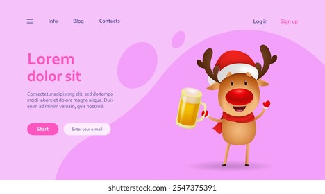 Happy reindeer with red nose holding beer mug. Landing page template. Celebration, cheering, toast. Christmas concept. Vector illustration can be used for topics like holiday, drinks, celebration