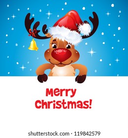 Happy Reindeer with Santa's hat and bell holding blank paper for your text  Text on a separate layer