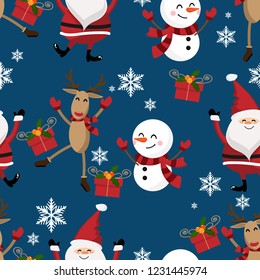 Happy reindeer and snowman wear red scarf with Santa Claus, gift box and snowflakes seamless pattern on blue background. Cute Christmas holidays cartoon character. Vector illustration.