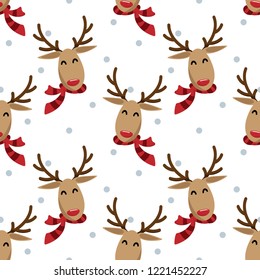 Happy reindeer wears red scarf with snowflakes seamless pattern on white background. Christmas holidays season cartoon character design. Vector illustration.