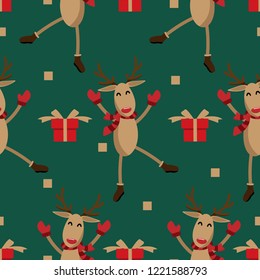 Happy reindeer wears red scarf, gloves and boots with gift box seamless pattern on green background. Christmas holidays season cartoon character design. Vector illustration.