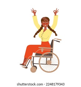 Happy and Rejoicing Woman Character on Wheelchair Cheering Raising Hands Up Vector Illustration