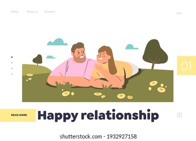 Happy relationship concept of landing page with young loving couple lying on green grass outdoors happy smiling. Man and woman in love together in spring park. Cartoon flat vector illustration