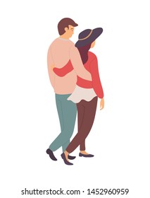 Happy relationship, embracing man and woman in casual clothes. Male and female holding each other, back view of lover character vector isolated people