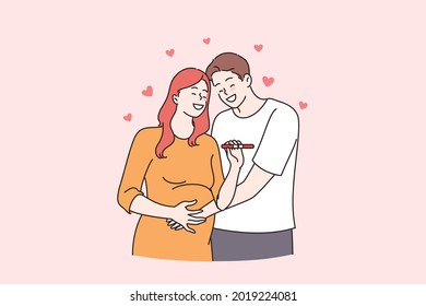 Happy relationship and expecting for baby concept. Happy couple man and woman cartoon characters standing hugging holding positive pregnancy test vector illustration 