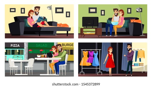 Happy relationship flat vector illustrations set. Cheerful girlfriend and boyfriend cartoon characters. Young married couple bonding. People reading, watching TV, eating and shopping together