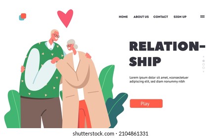 Happy Relationship Landing Page Template. Old Man and Woman Embracing and Hugging. Loving Elderly Couple, Aged Characters Dating, Seniors Love, Romance Feelings. Cartoon People Vector Illustration