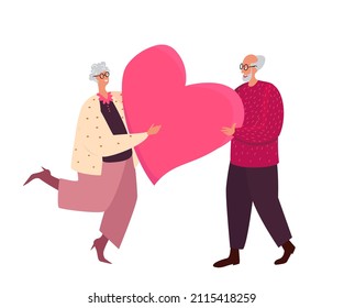 Happy Relationship Valentine Day Celebration. Old Man and Woman Embracing and Hugging. Loving Elderly Couple, Aged Characters Dating, Seniors Love, Romance Feelings. Cartoon People Vector Illustration