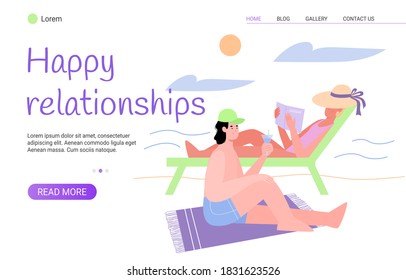 Happy relationship web banner template with couple spending summer vacation together, flat vector illustration. Landing page layout to reinforce pair bond.