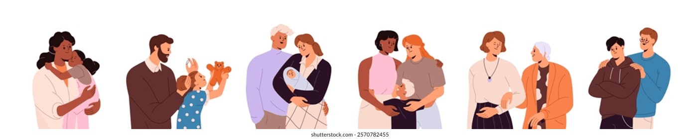 Happy relationships in diverse families set. Parents love their kids. Mother, father and children hug together. Mom and dad with newborn baby. Flat isolated vector illustrations on white background