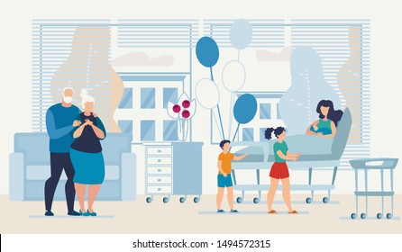 Happy Relatives Visiting Mother with Newborn Baby at Maternity Department. Parturient Parents and her Children Greeting Young Woman Family Replenishment. Vector Cartoon Flat Illustration